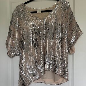 By Together Silver Sequin V-Neck Short Sleeve Top